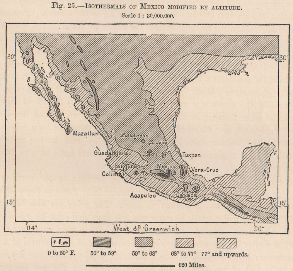 Isothermals of Mexico modified by Altitude 1885 old antique map plan chart